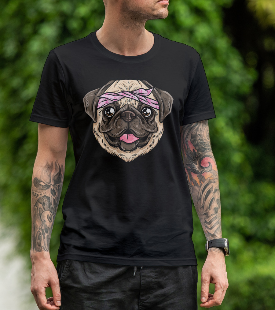 Pug Pink Ribbon Bandanna Breast Cancer Awareness T-Shirt