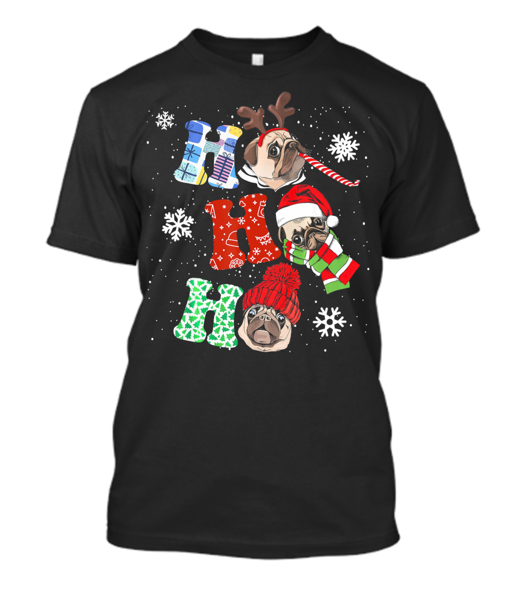 Ho Ho Ho Funny Pug Christmas Xmas Dog With Antlers Santa Hat And Scarf Snowflakes T-Shirt