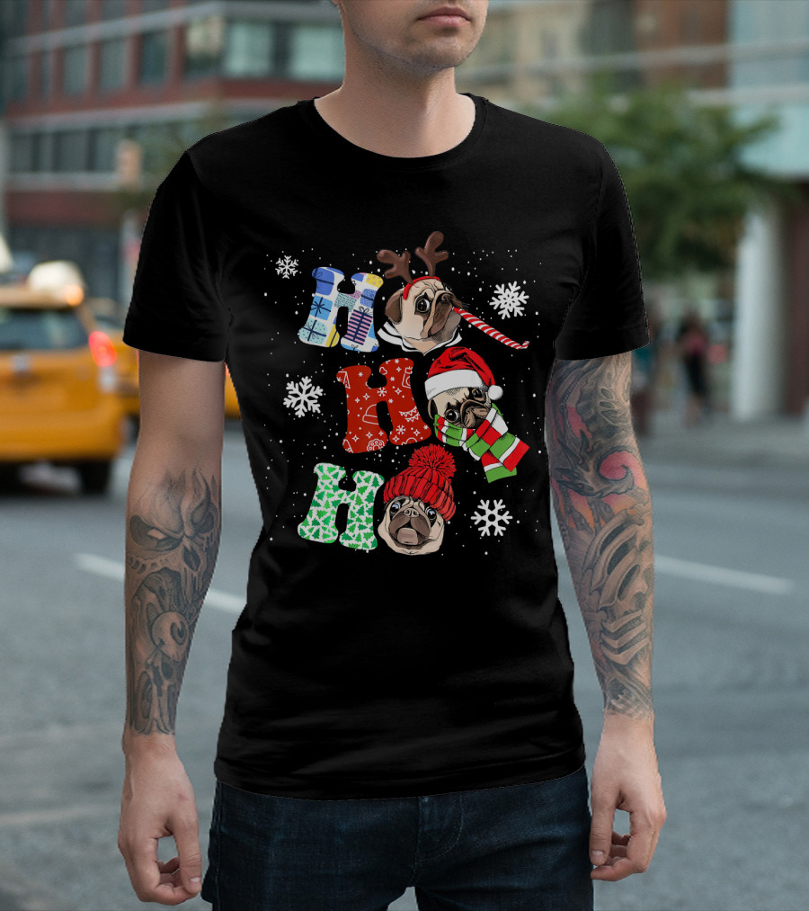 Ho Ho Ho Funny Pug Christmas Xmas Dog With Antlers Santa Hat And Scarf Snowflakes T-Shirt