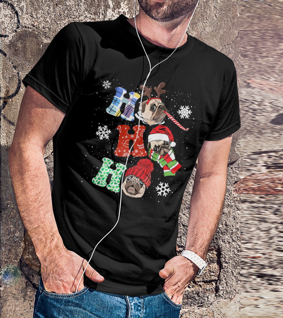 Ho Ho Ho Funny Pug Christmas Xmas Dog With Antlers Santa Hat And Scarf Snowflakes T-Shirt