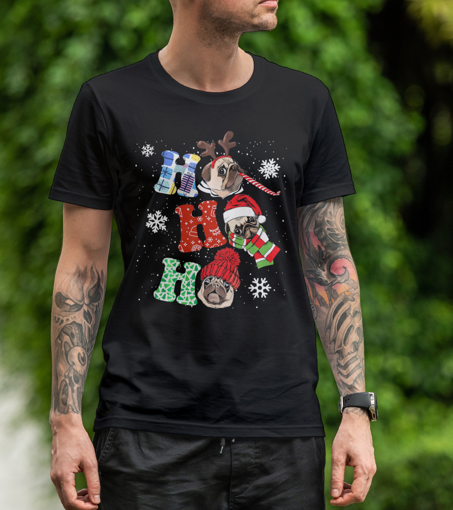 Ho Ho Ho Funny Pug Christmas Xmas Dog With Antlers Santa Hat And Scarf Snowflakes T-Shirt