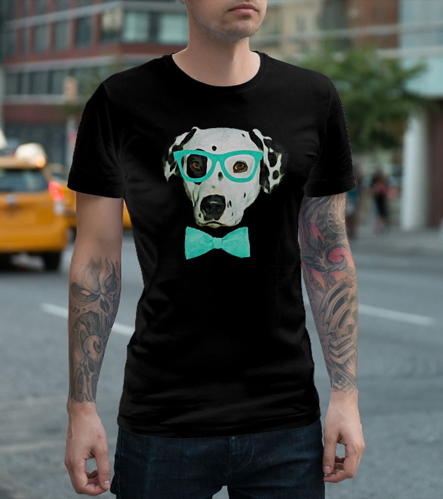Dalmatian Dog Wearing Turquoise Glasses and Bow Tie T-Shirt