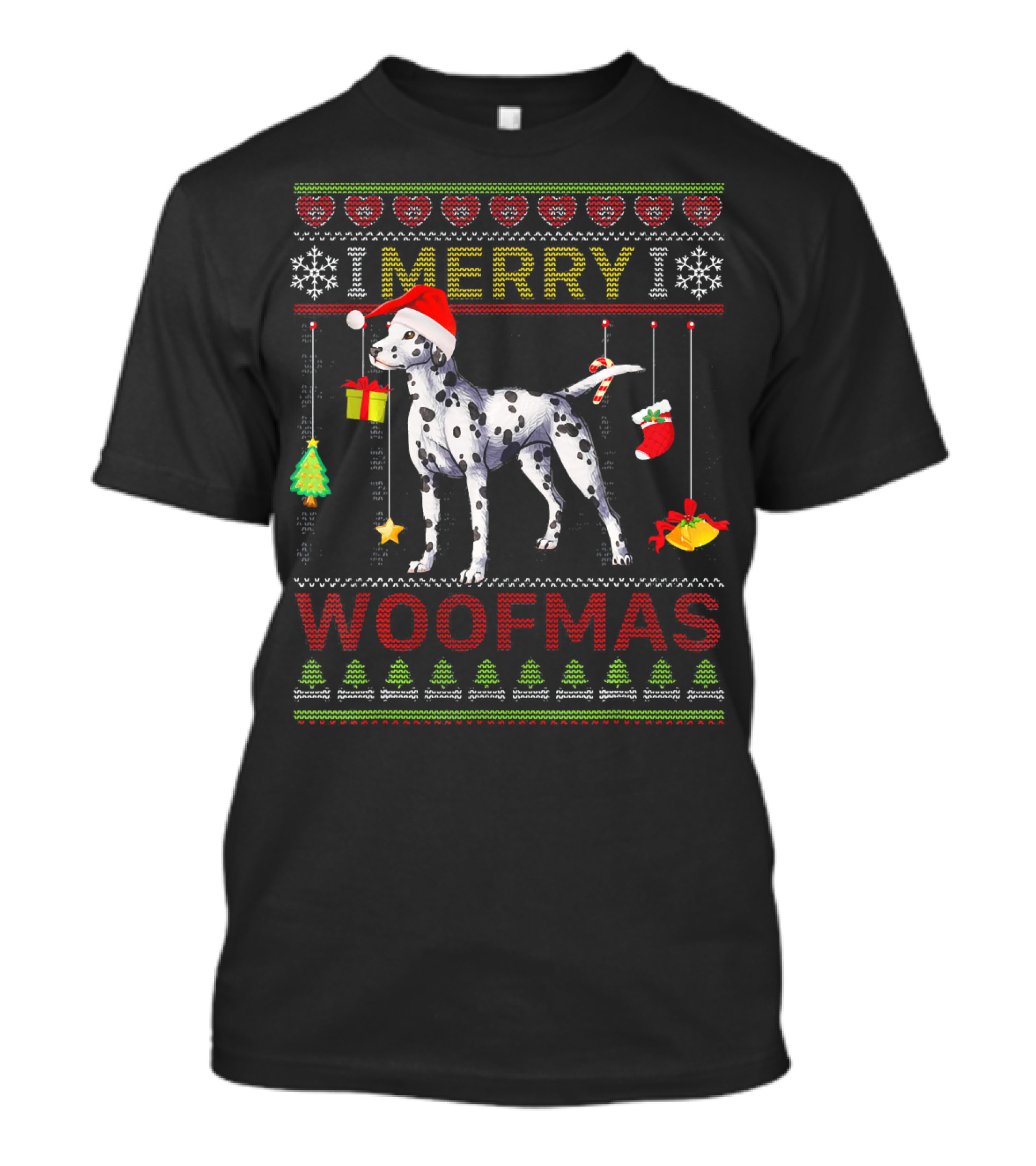 Merry Woofmas Dalmatian Santa Hat Christmas Ornaments Snowflakes Trees T-Shirt