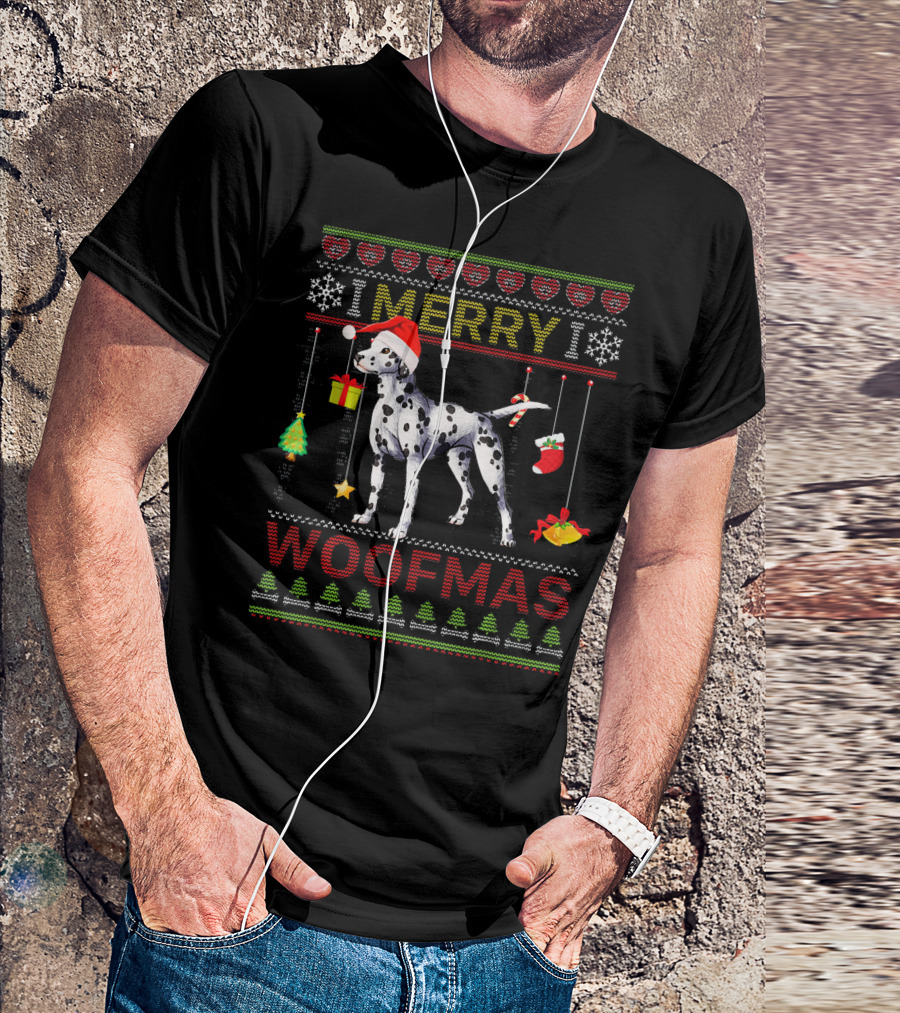Merry Woofmas Dalmatian Santa Hat Christmas Ornaments Snowflakes Trees T-Shirt
