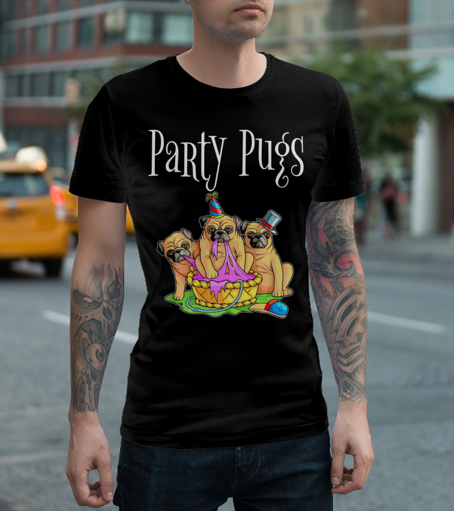 Party Pugs Trio with Hats and Basket Fun T-Shirt
