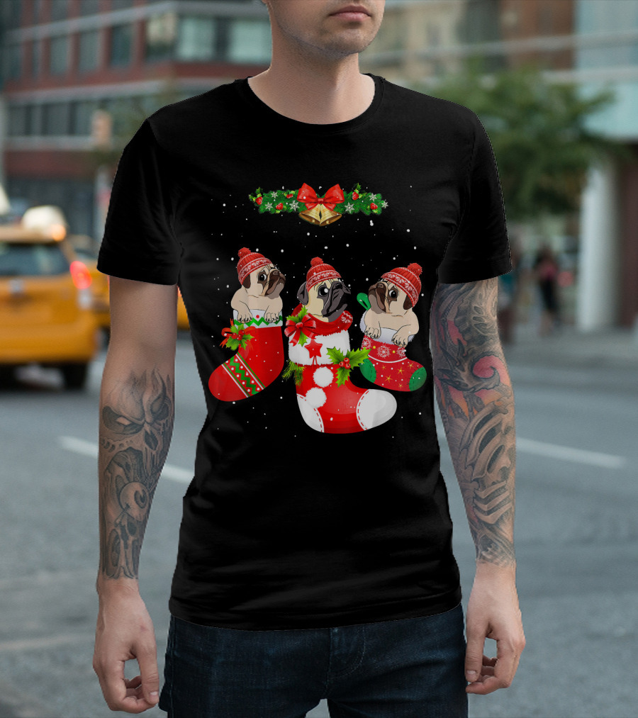 Pug Dog Trio in Festive Christmas Socks with Santa Hats and Holly Garland T-Shirt