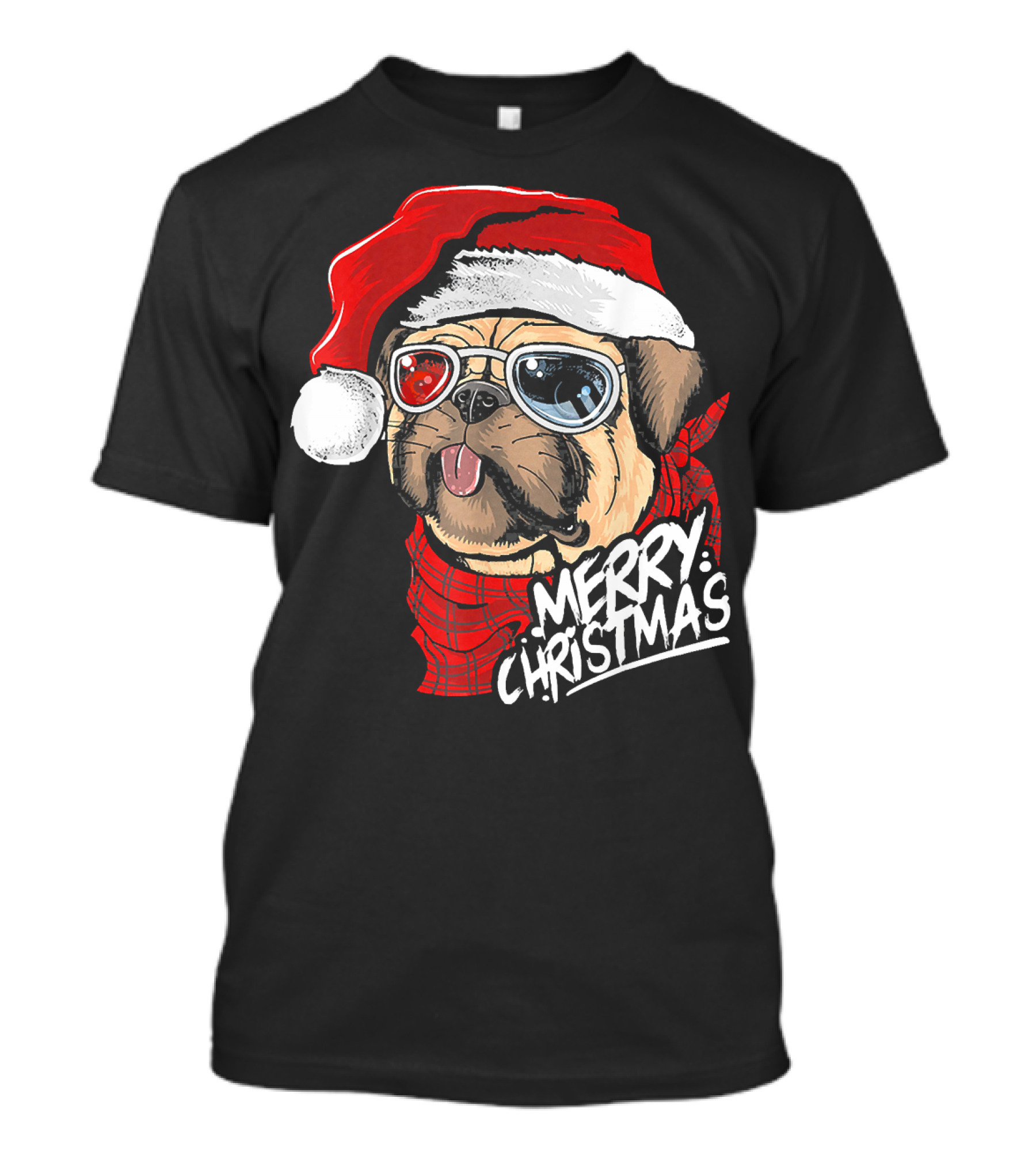 Merry Christmas Pug In Santa Hat With Cool Glasses T-Shirt