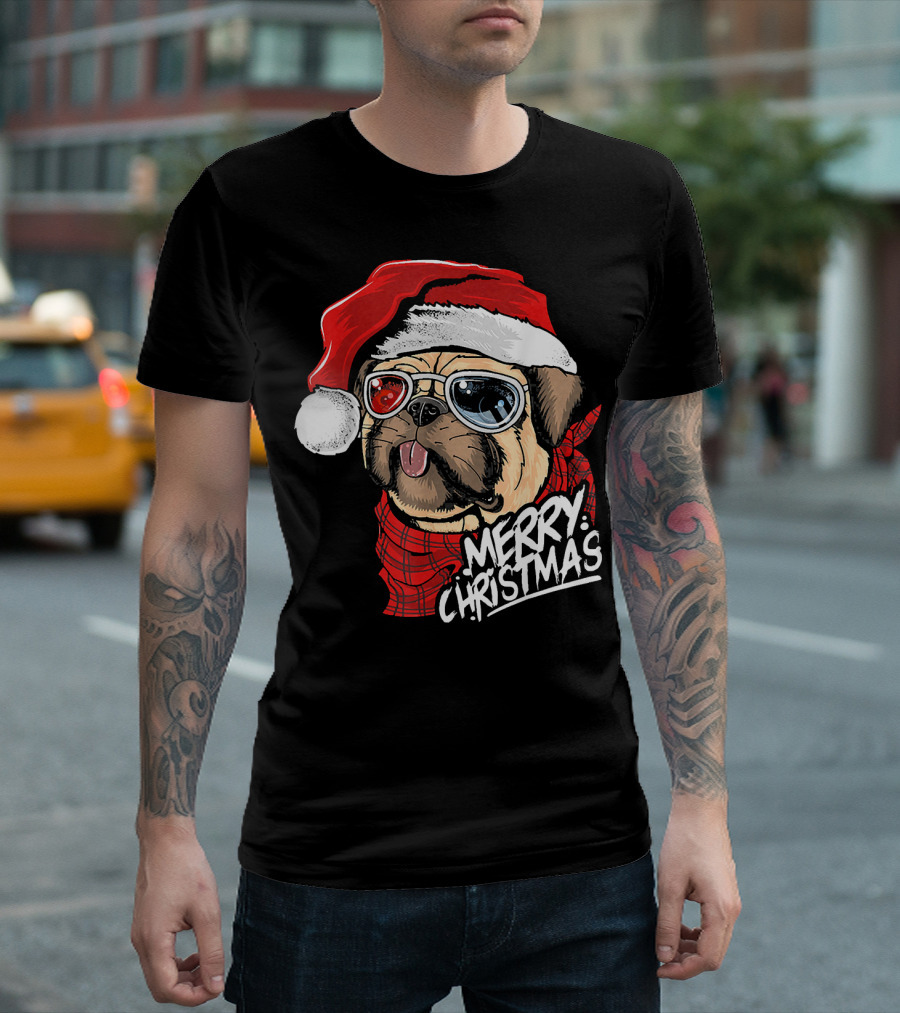 Merry Christmas Pug In Santa Hat With Cool Glasses T-Shirt