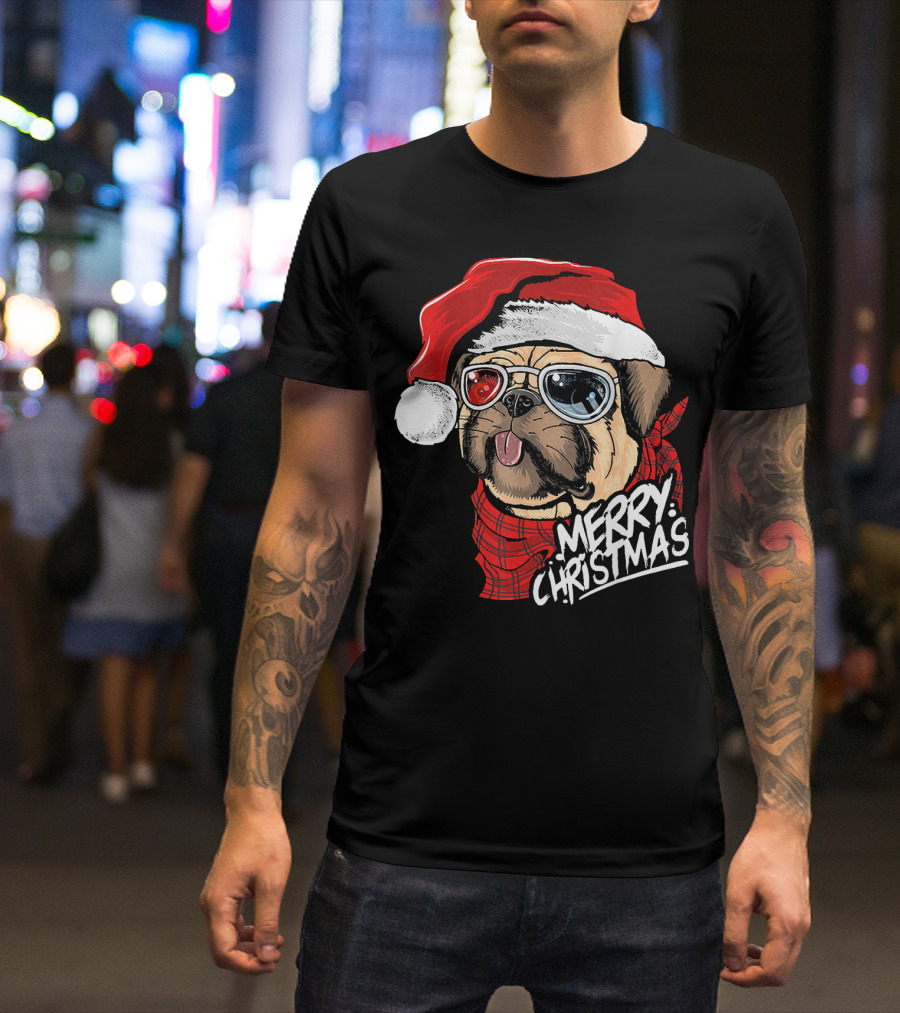 Merry Christmas Pug In Santa Hat With Cool Glasses T-Shirt
