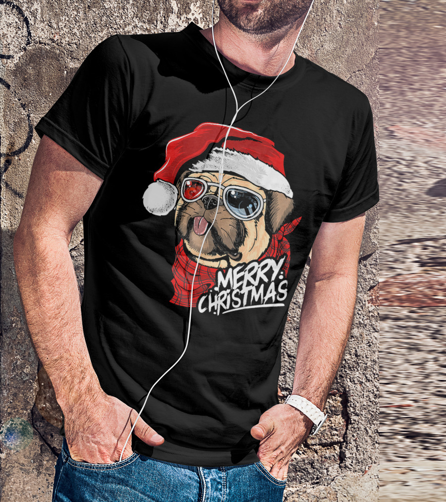 Merry Christmas Pug In Santa Hat With Cool Glasses T-Shirt