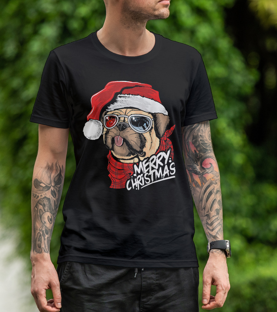 Merry Christmas Pug In Santa Hat With Cool Glasses T-Shirt
