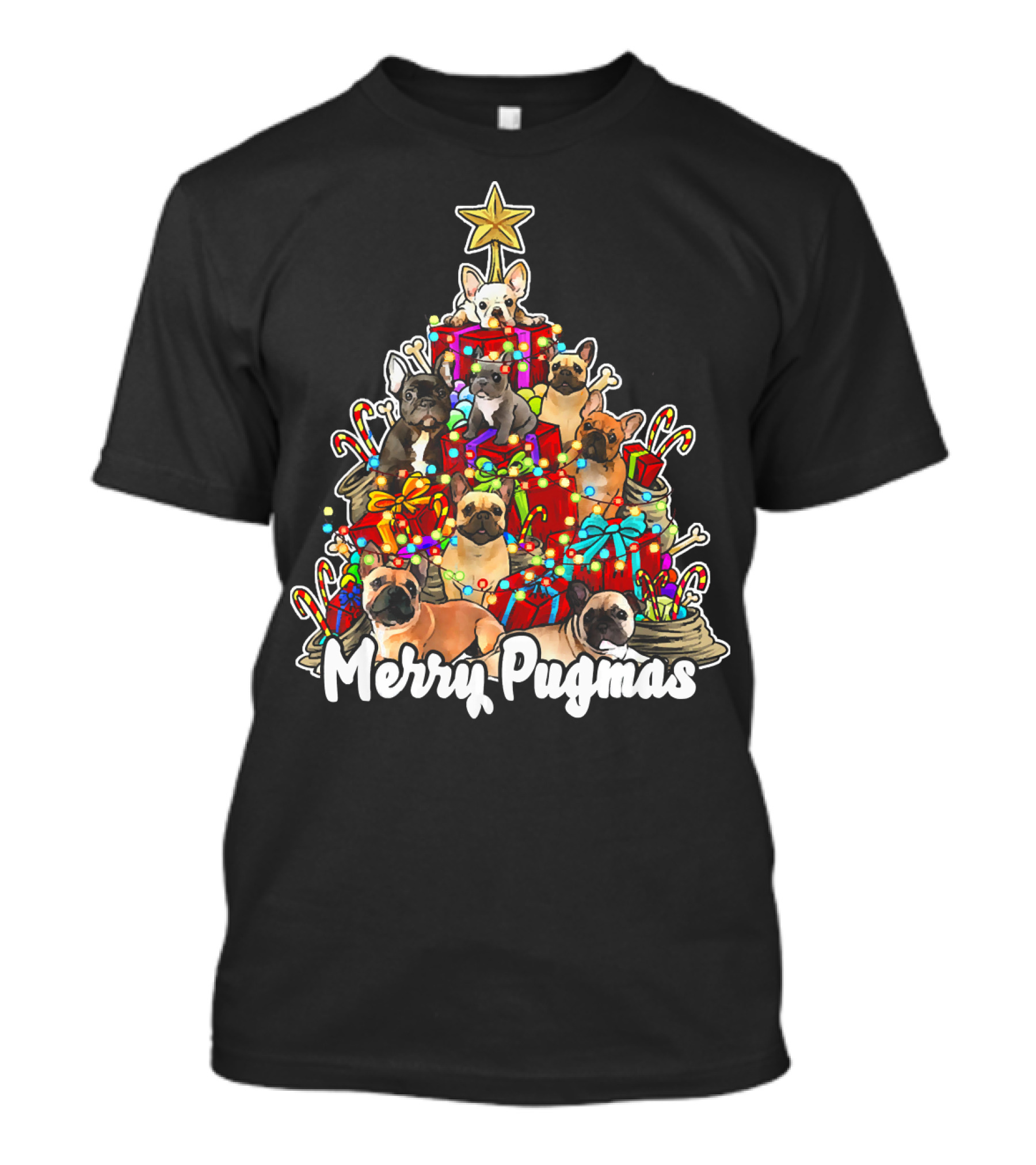 Merry Pugmas Christmas Tree With Pugs And Lights T-Shirt