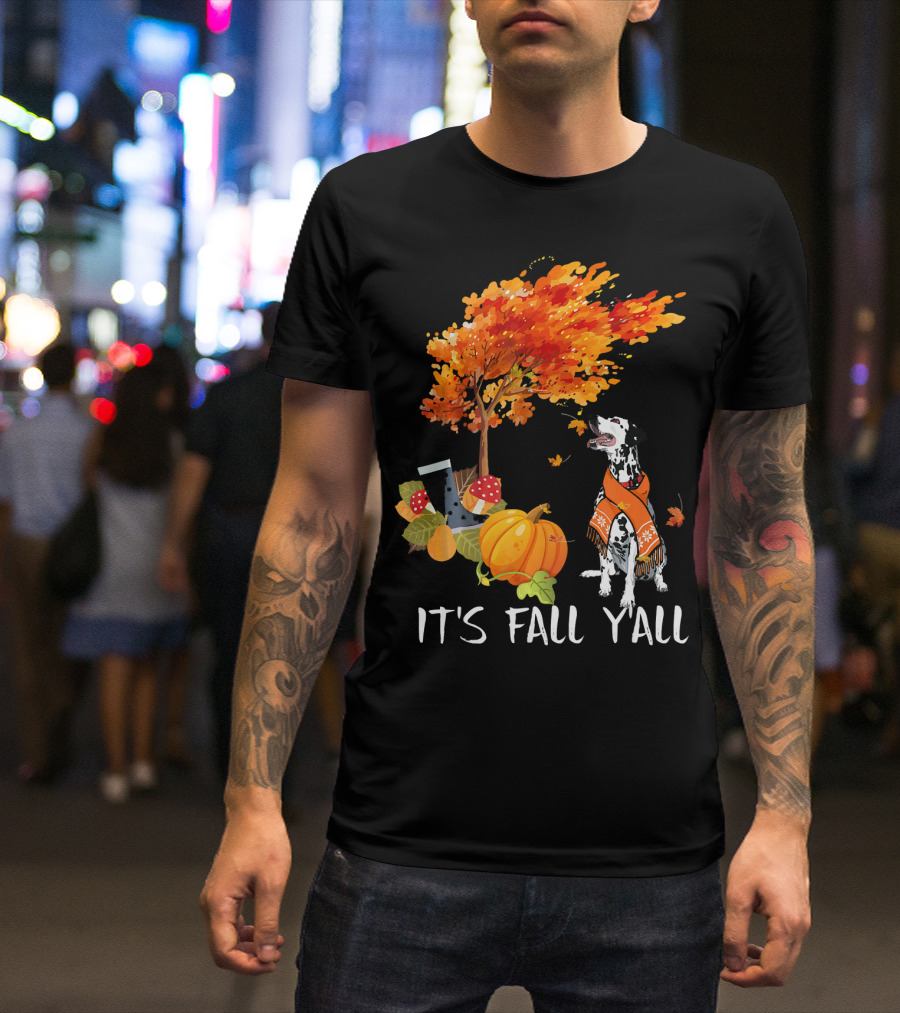 It's Fall Y'all Dalmatian Dog In Autumn With Pumpkins And Boots T-Shirt