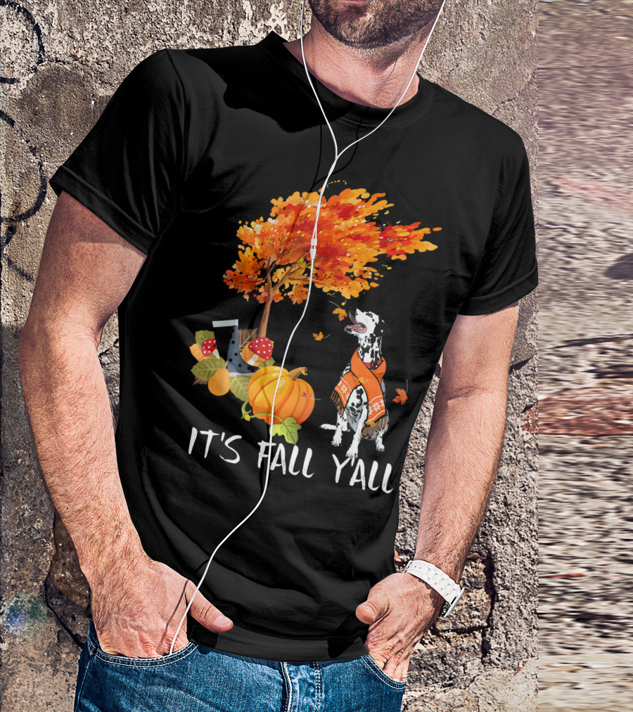 It's Fall Y'all Dalmatian Dog In Autumn With Pumpkins And Boots T-Shirt