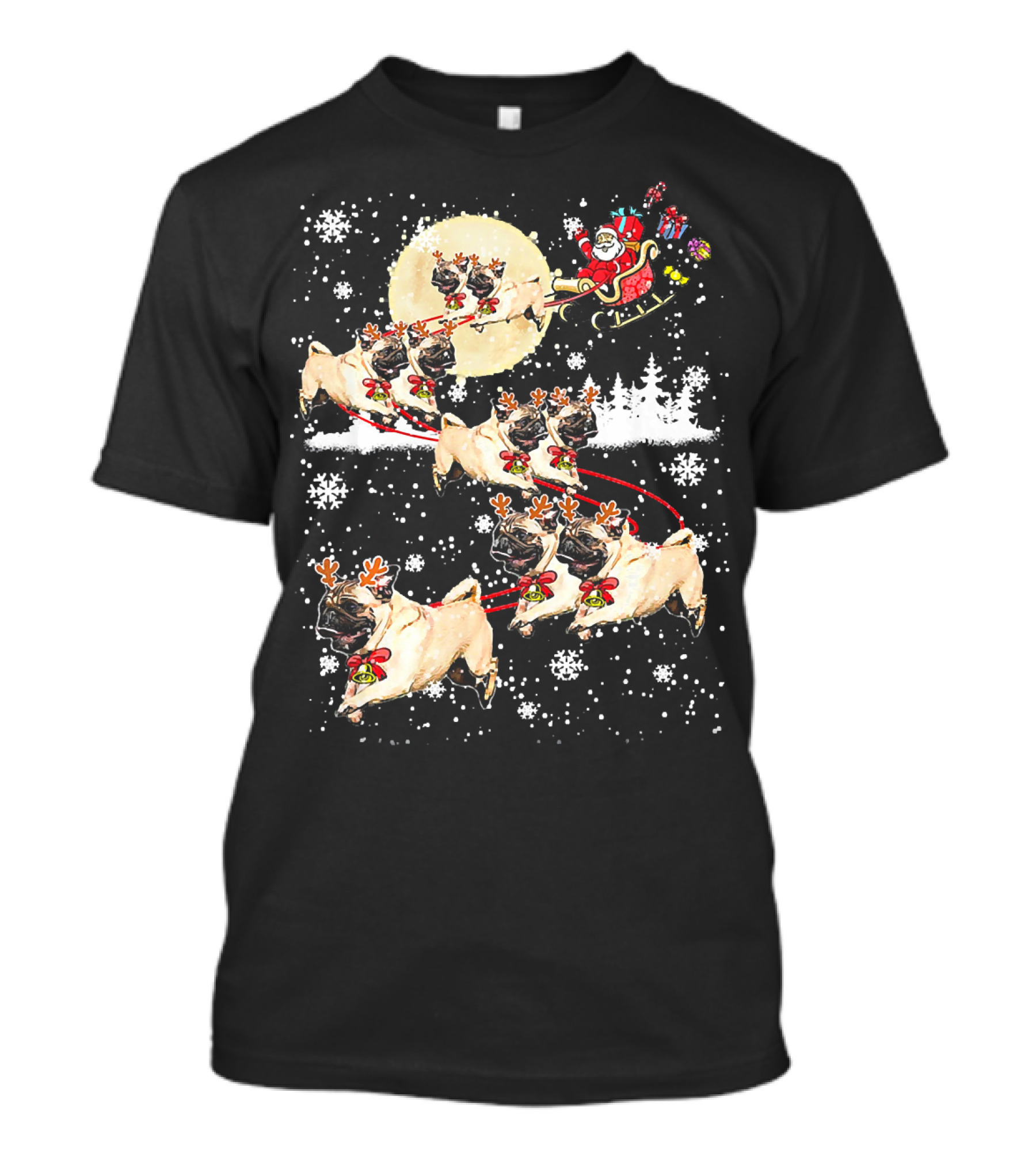 Pug Reindeer Christmas Santa Sled With Dogs And Snowflakes T-Shirt