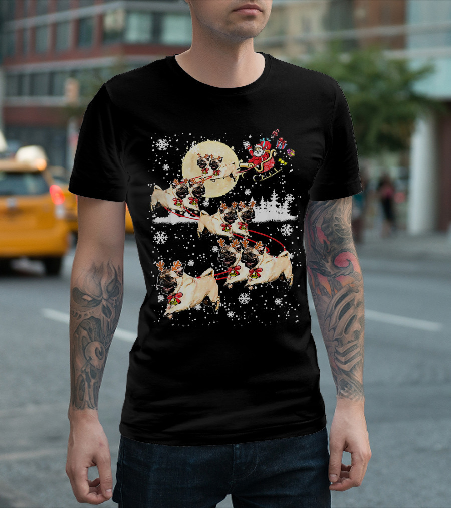 Pug Reindeer Christmas Santa Sled With Dogs And Snowflakes T-Shirt