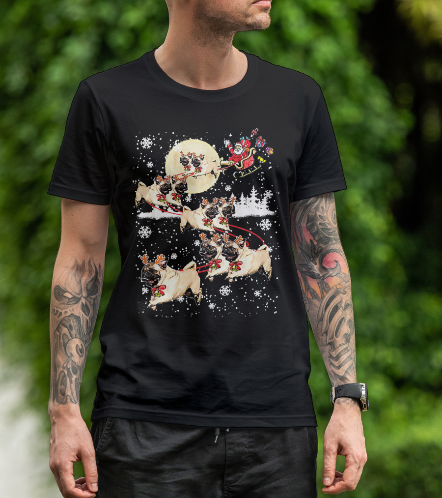 Pug Reindeer Christmas Santa Sled With Dogs And Snowflakes T-Shirt