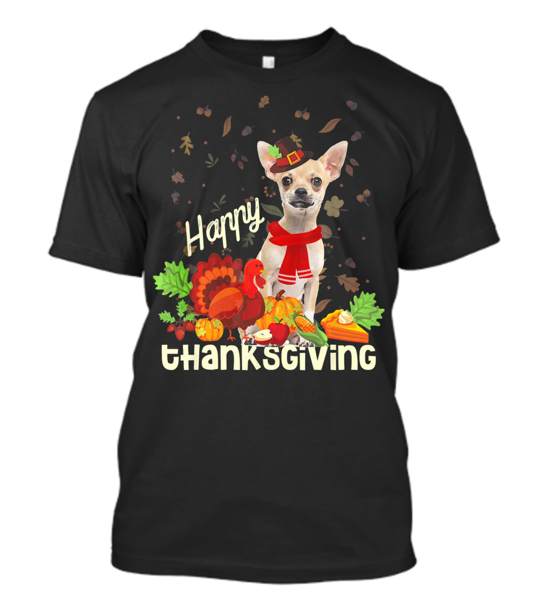 Happy Thanksgiving Pilgrim Chihuahua With Turkey And Harvest T-Shirt