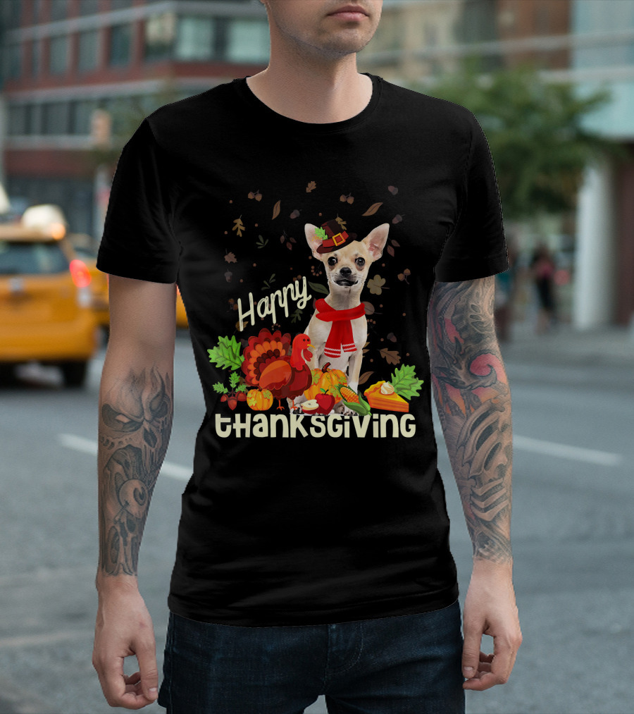 Happy Thanksgiving Pilgrim Chihuahua With Turkey And Harvest T-Shirt