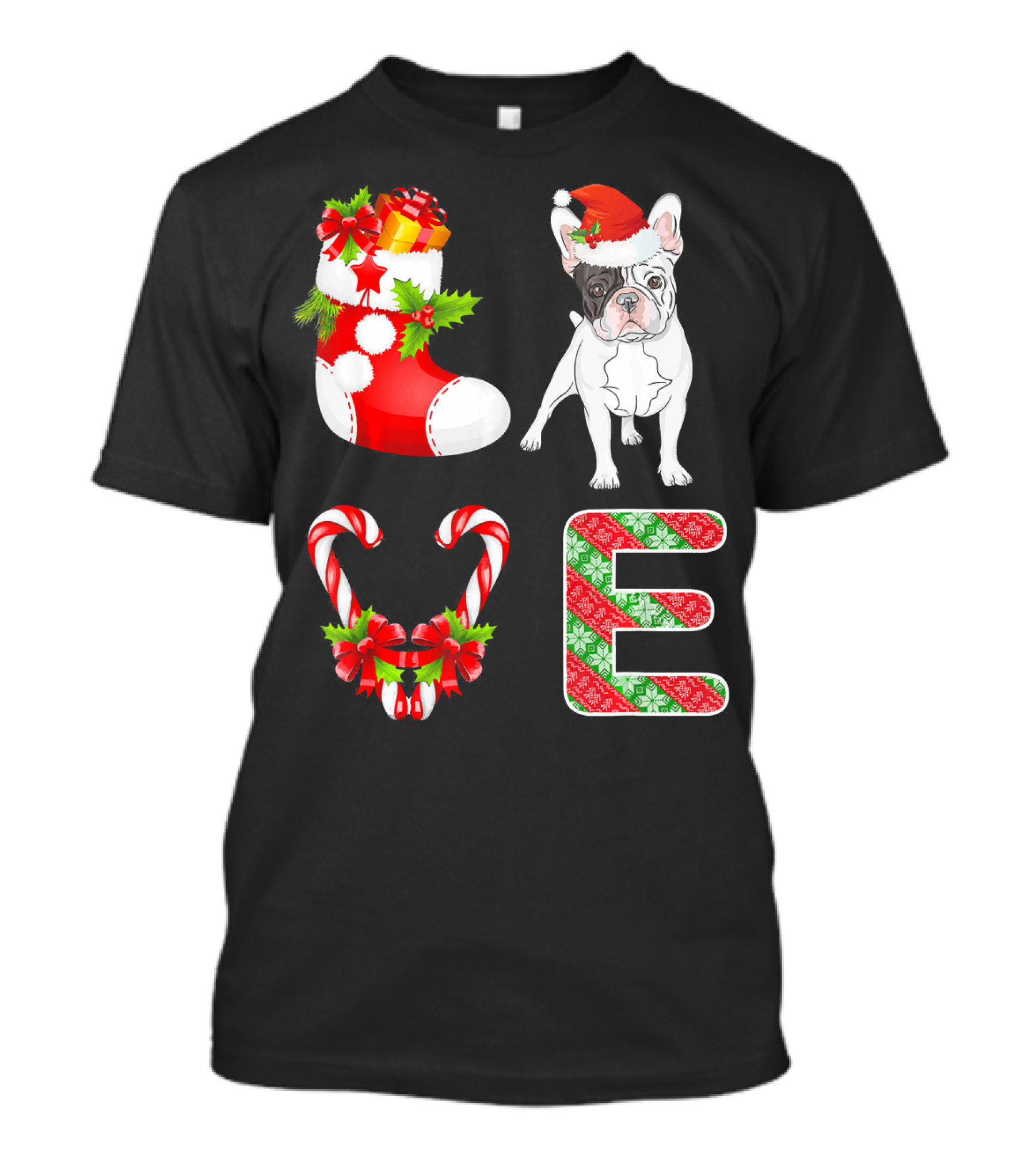 I Love French Bulldog Christmas Stocking Candy Cane Santa Hat T-Shirt
