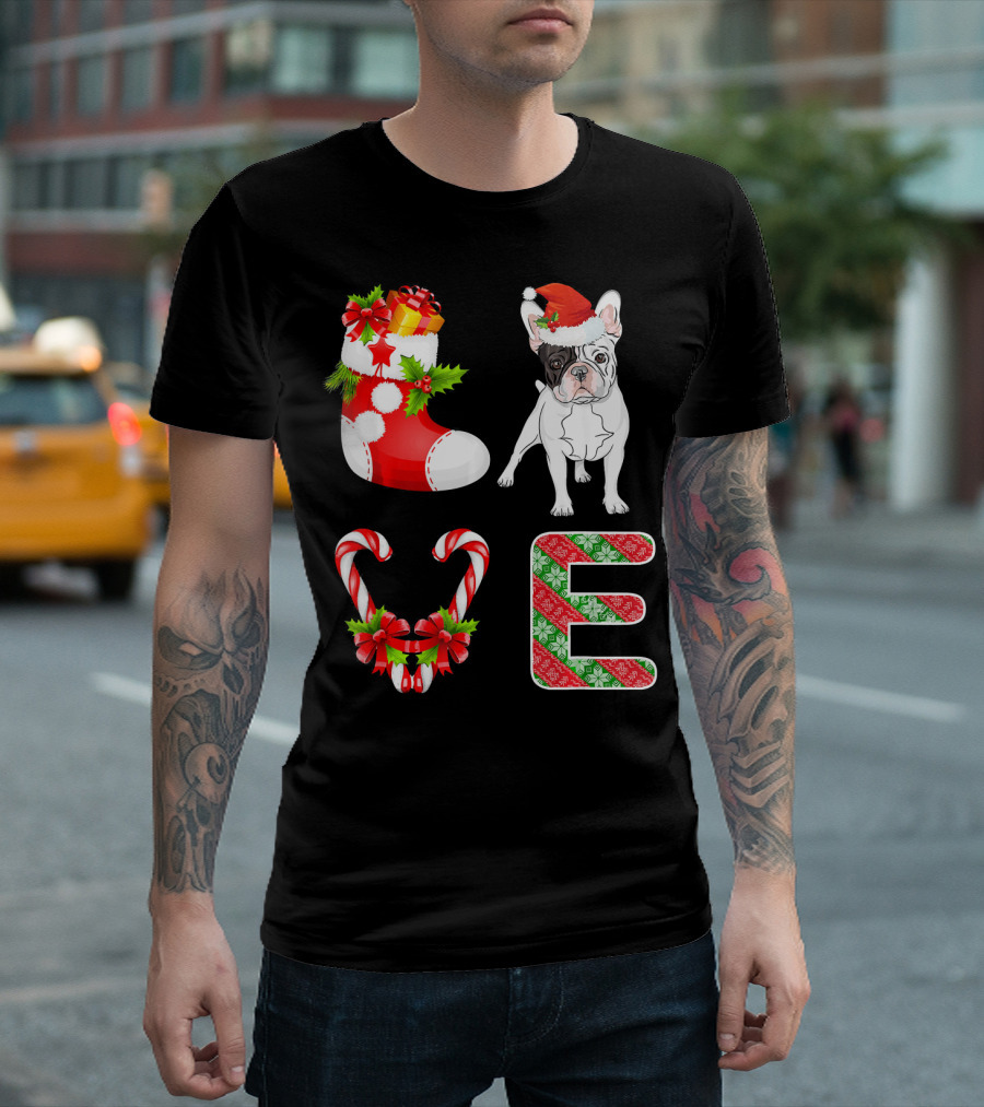 I Love French Bulldog Christmas Stocking Candy Cane Santa Hat T-Shirt
