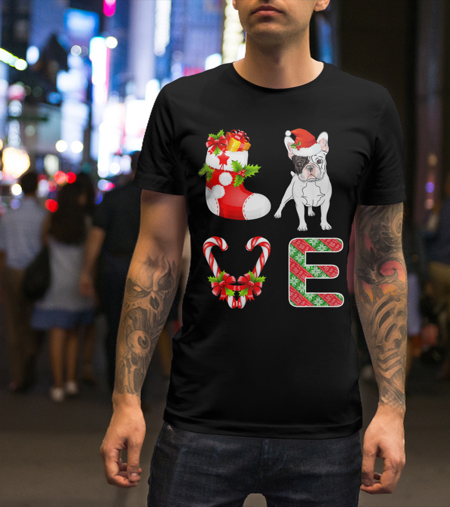 I Love French Bulldog Christmas Stocking Candy Cane Santa Hat T-Shirt