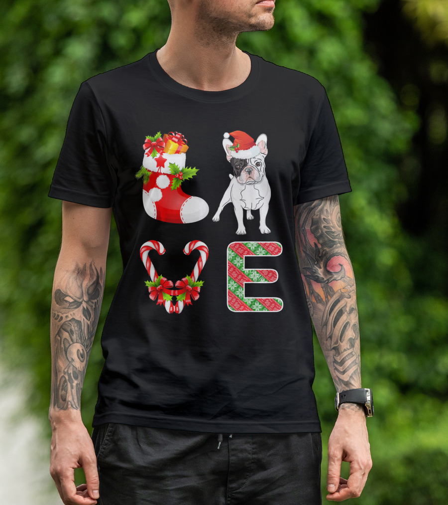 I Love French Bulldog Christmas Stocking Candy Cane Santa Hat T-Shirt