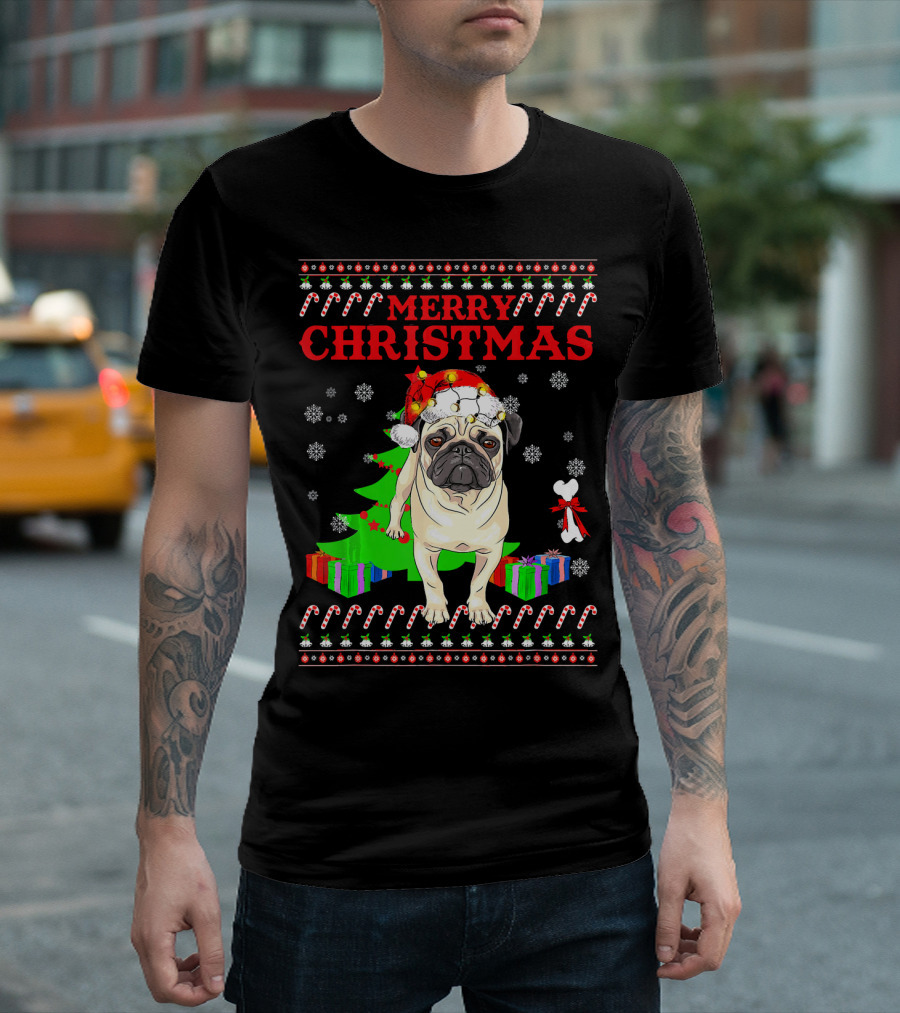 Merry Christmas Pug Santa Hat Snowflakes Candy Canes Presents T-Shirt