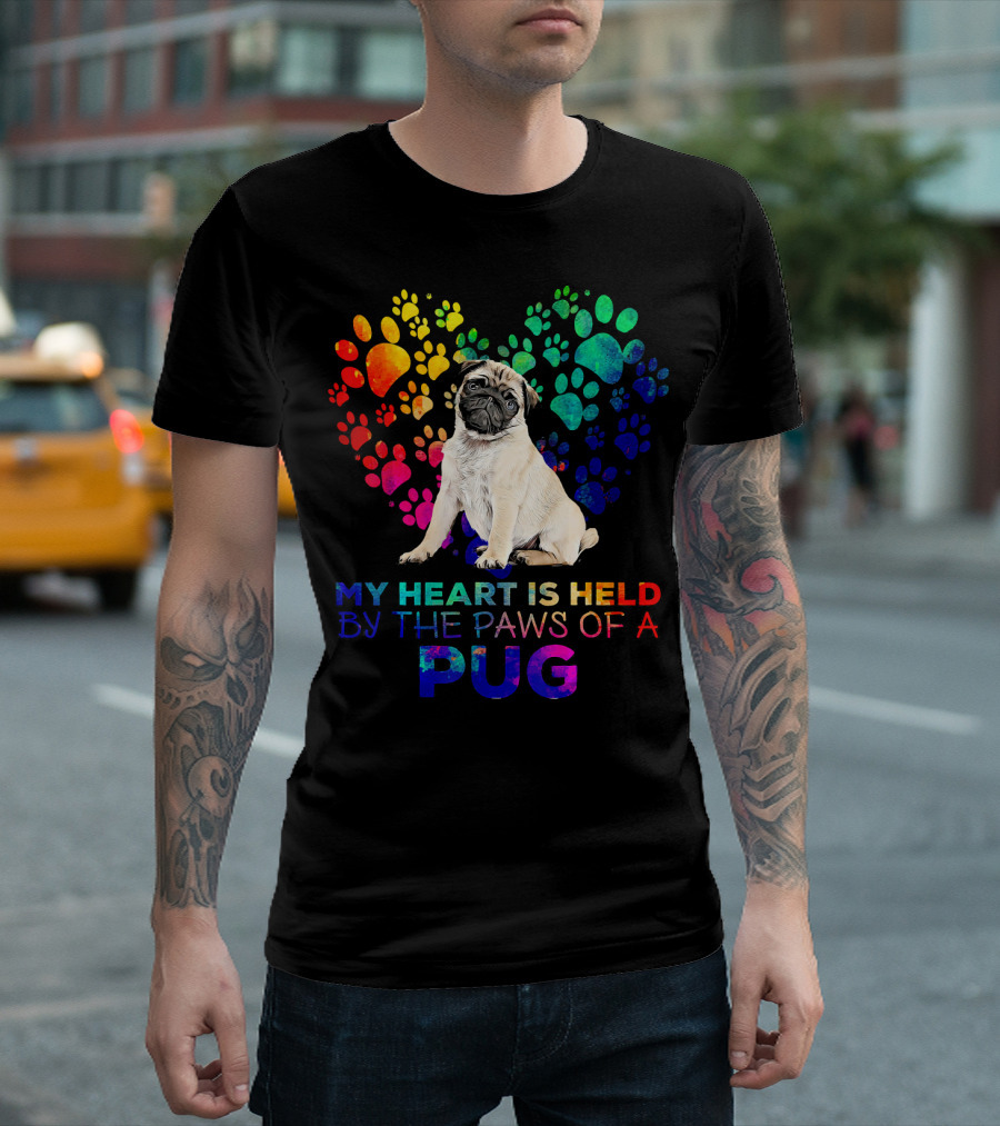Heart Held By Pug Paws With Colorful Paw Print Heart Background T-Shirt