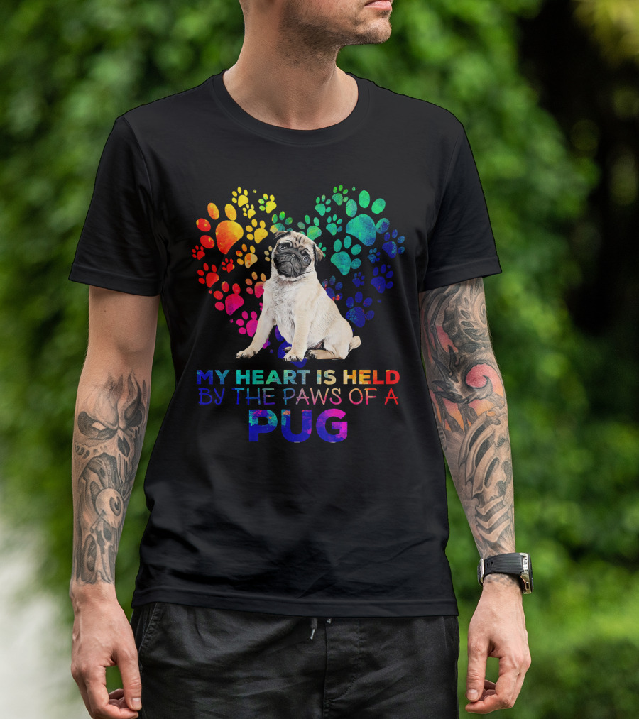 Heart Held By Pug Paws With Colorful Paw Print Heart Background T-Shirt