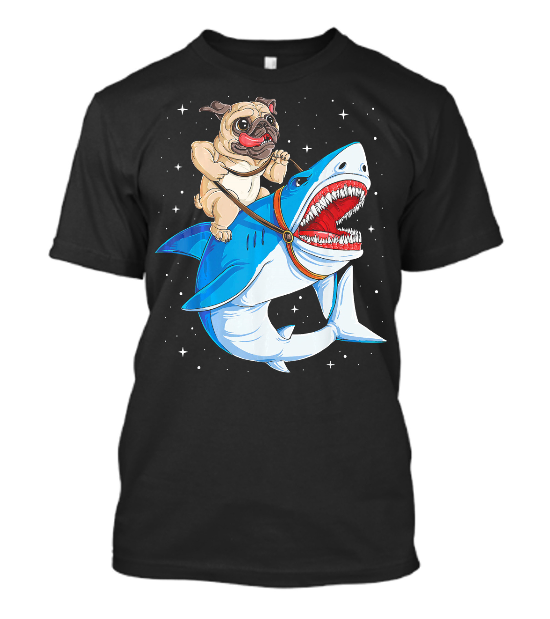 Pug Riding Shark In Outer Space T-Shirt