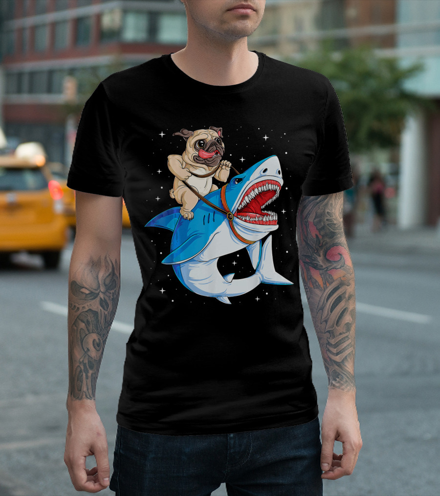 Pug Riding Shark In Outer Space T-Shirt