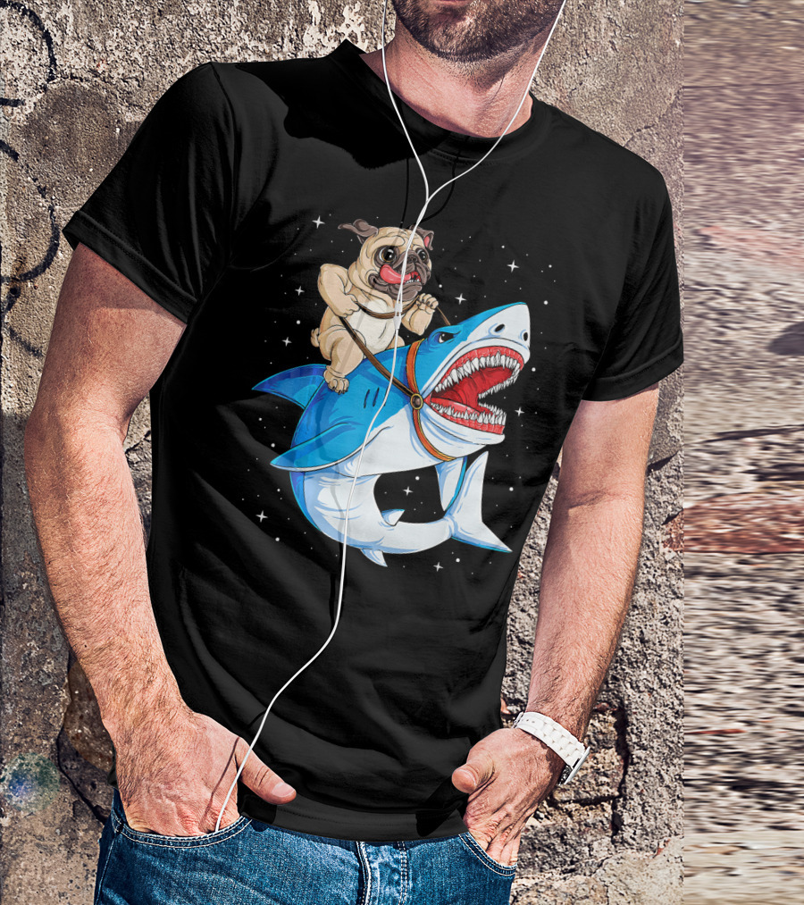 Pug Riding Shark In Outer Space T-Shirt