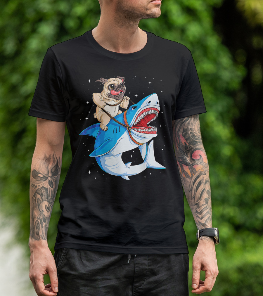 Pug Riding Shark In Outer Space T-Shirt