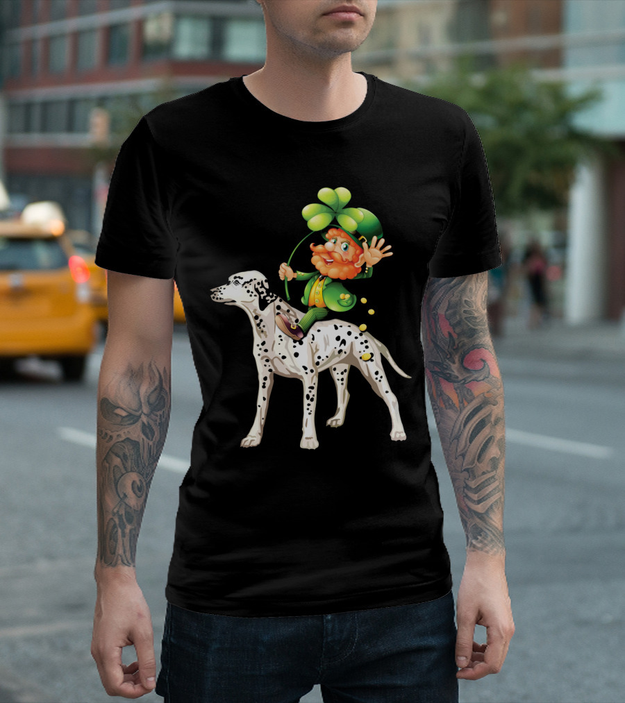 Leprechaun Riding Dalmatian Dog Irish Shamrock T-Shirt