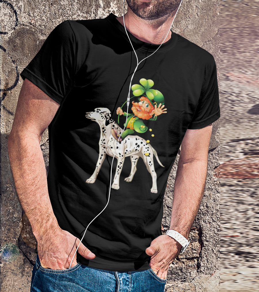 Leprechaun Riding Dalmatian Dog Irish Shamrock T-Shirt