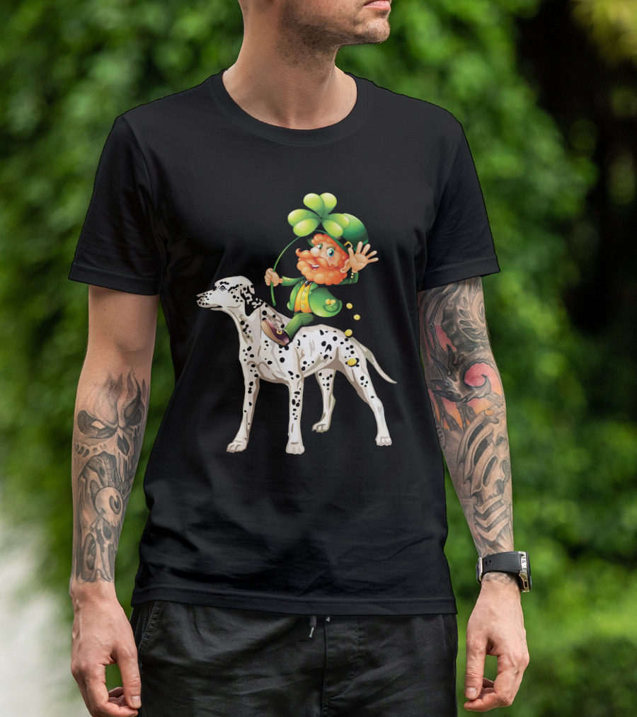 Leprechaun Riding Dalmatian Dog Irish Shamrock T-Shirt