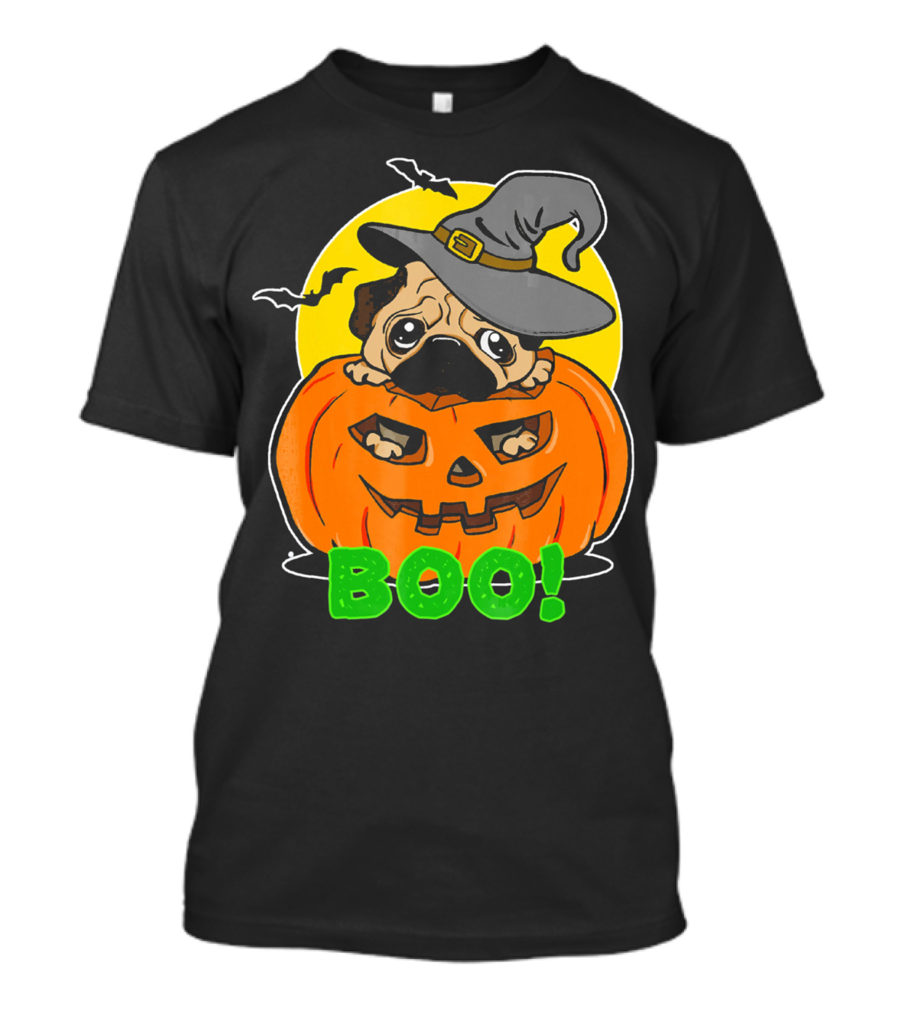 Boo Pug Halloween Cool Pumpkin Hat Moon Bats T-Shirt
