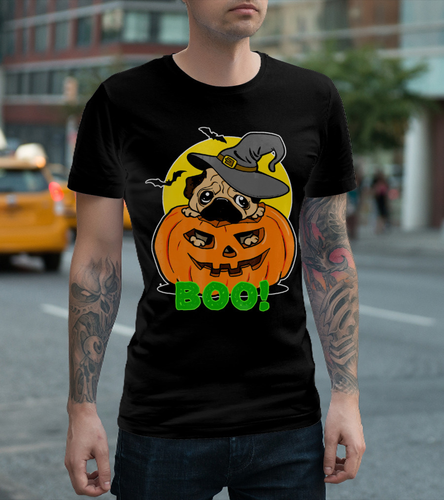 Boo Pug Halloween Cool Pumpkin Hat Moon Bats T-Shirt