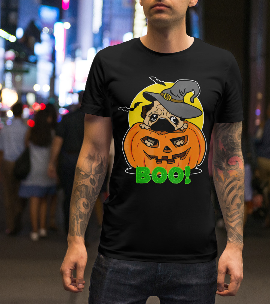 Boo Pug Halloween Cool Pumpkin Hat Moon Bats T-Shirt