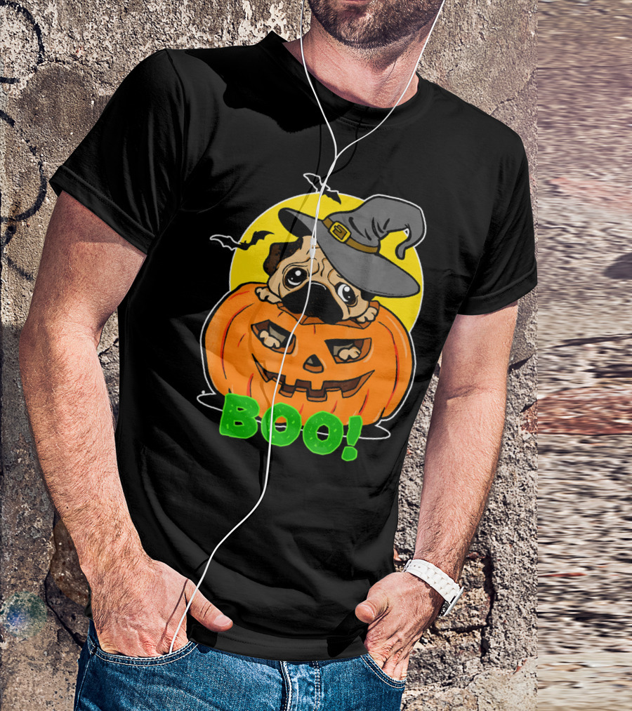 Boo Pug Halloween Cool Pumpkin Hat Moon Bats T-Shirt