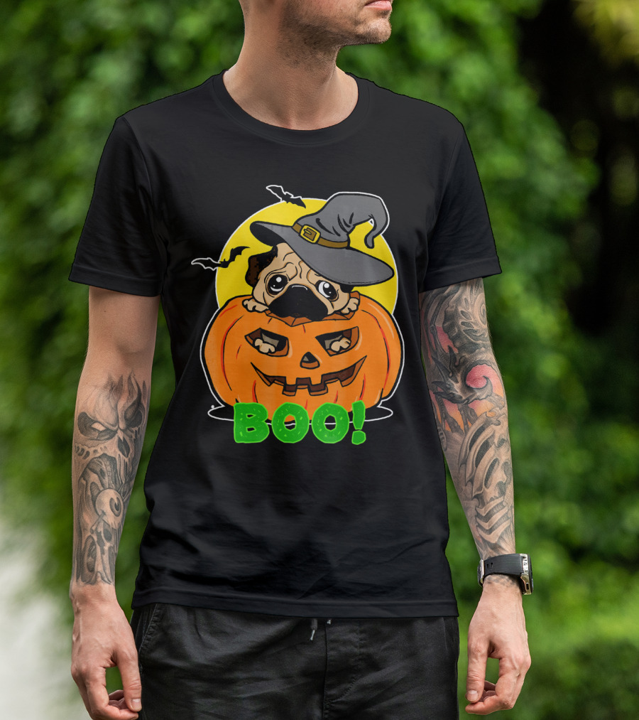 Boo Pug Halloween Cool Pumpkin Hat Moon Bats T-Shirt
