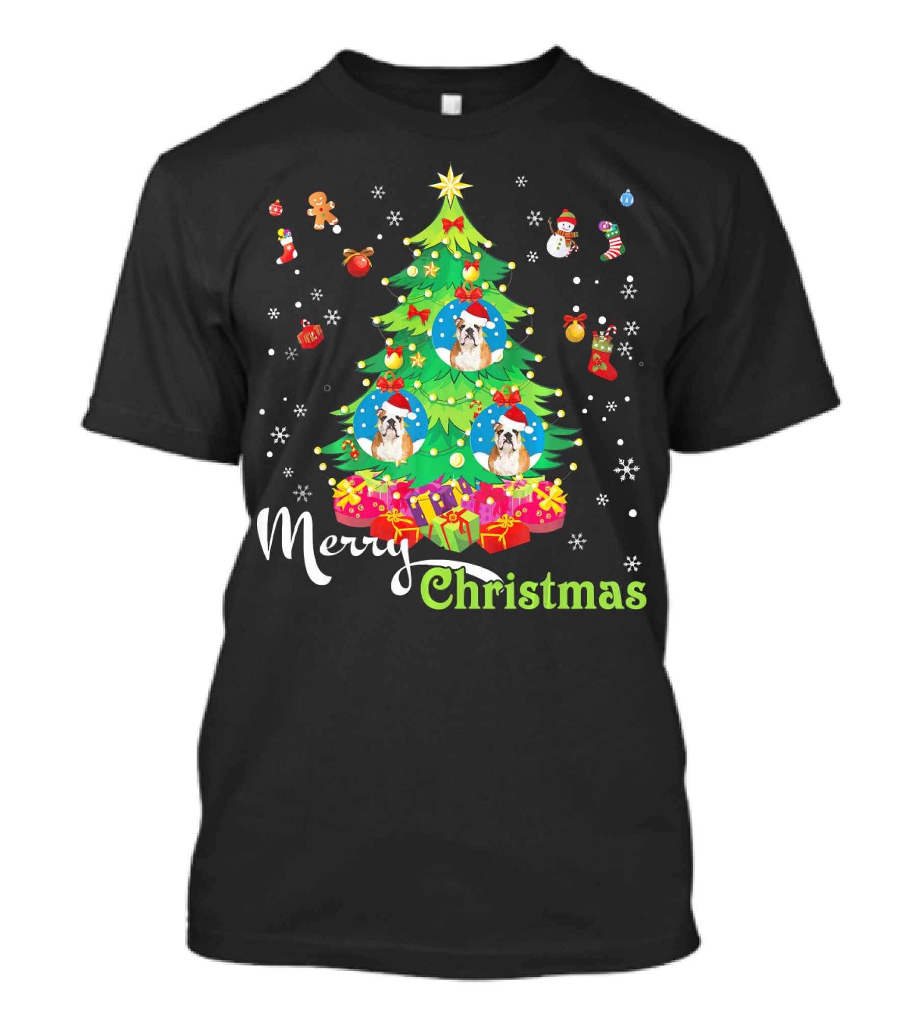 Merry Christmas English Bulldog Tree With Festive Decorations T-Shirt