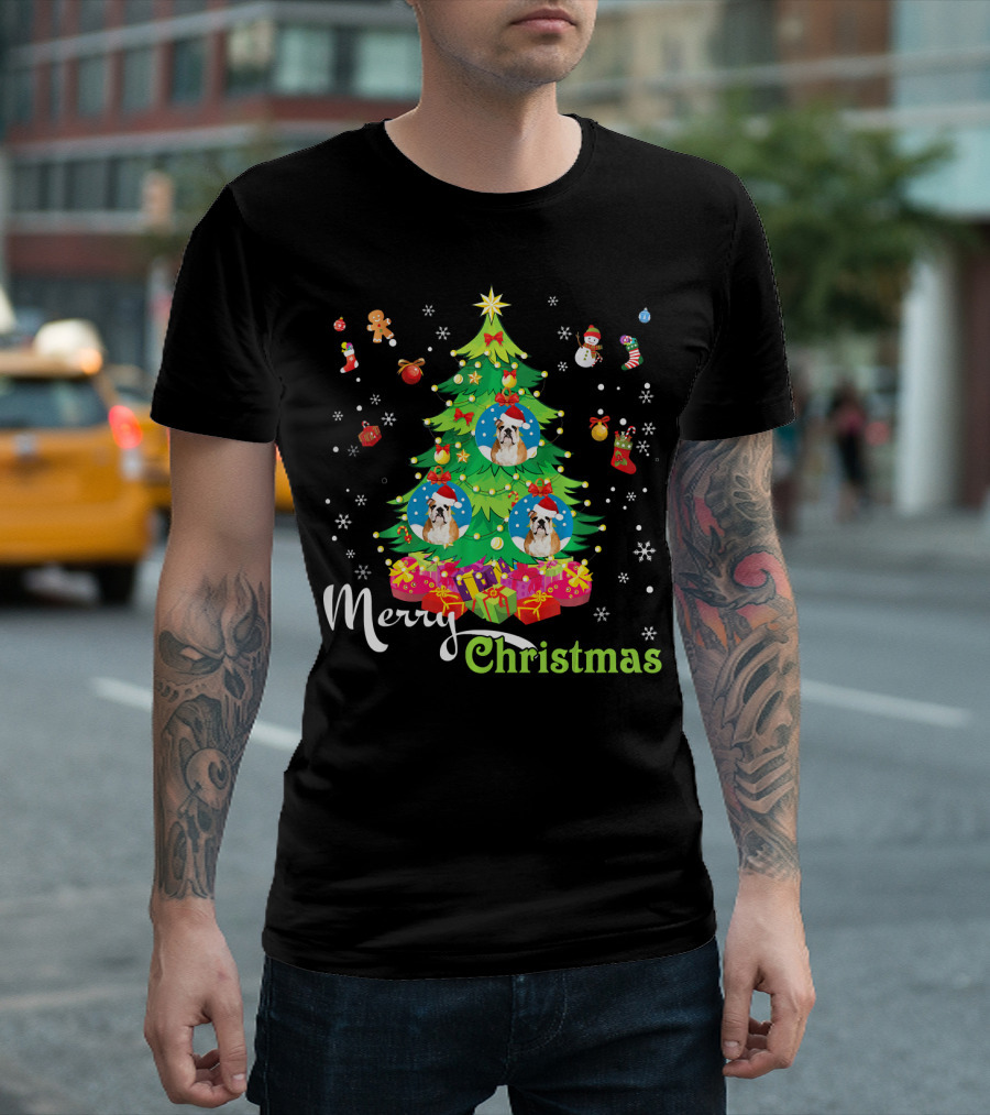 Merry Christmas English Bulldog Tree With Festive Decorations T-Shirt