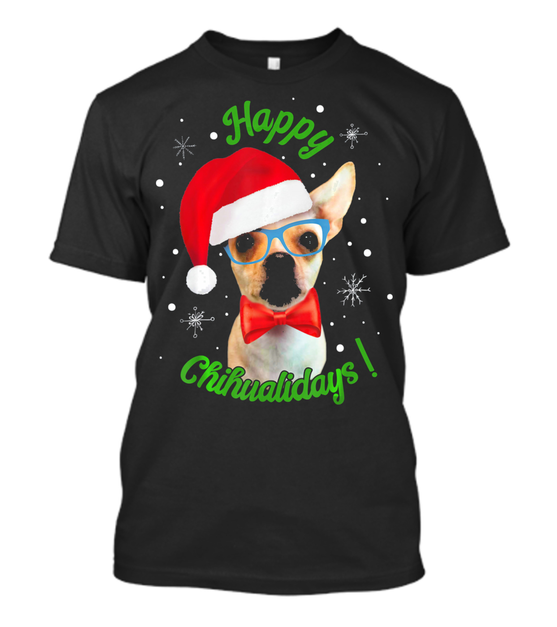 Happy Chihualidays Chihuahua Santa Hat Glasses And Bowtie T-Shirt