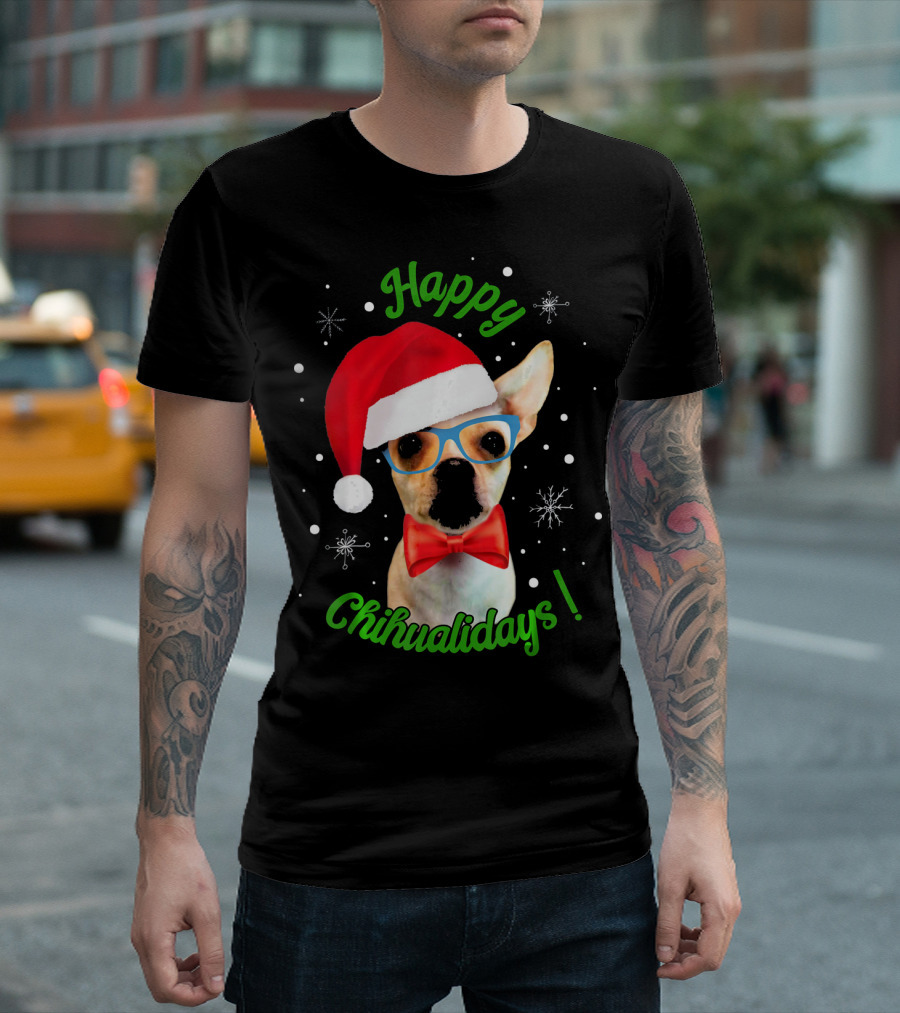 Happy Chihualidays Chihuahua Santa Hat Glasses and Bowtie T-Shirt