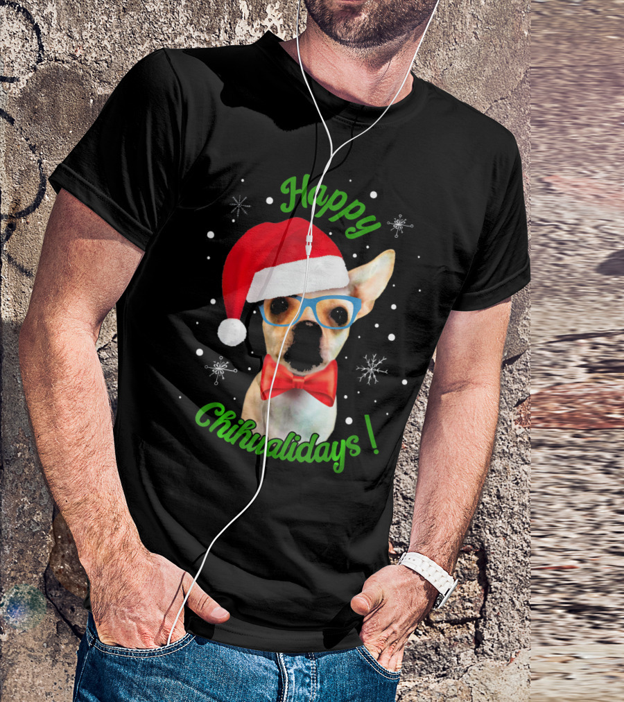 Happy Chihualidays Chihuahua Santa Hat Glasses And Bowtie T-Shirt