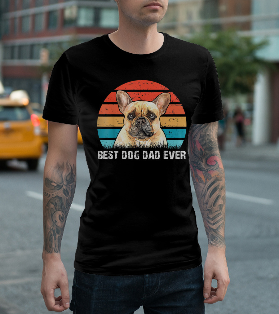 Best Dog Dad Ever French Bull Mens Retro Sunset T-Shirt