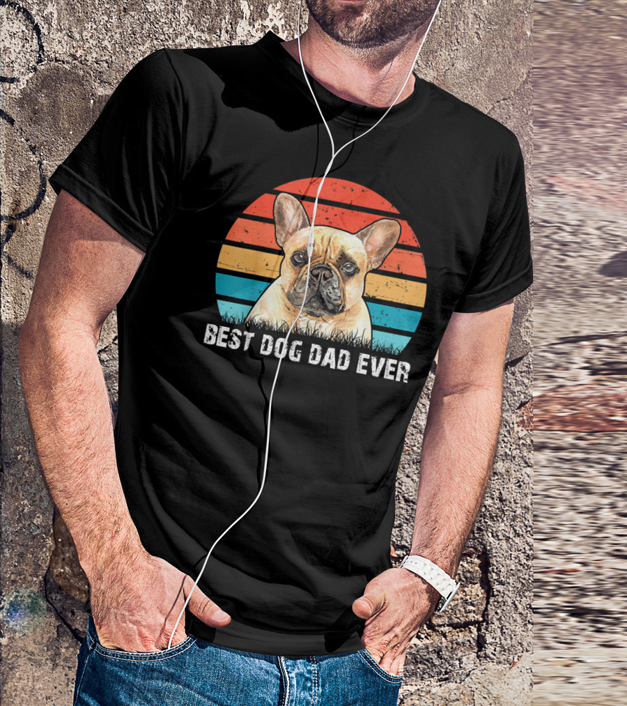 Best Dog Dad Ever French Bull Mens Retro Sunset T-Shirt