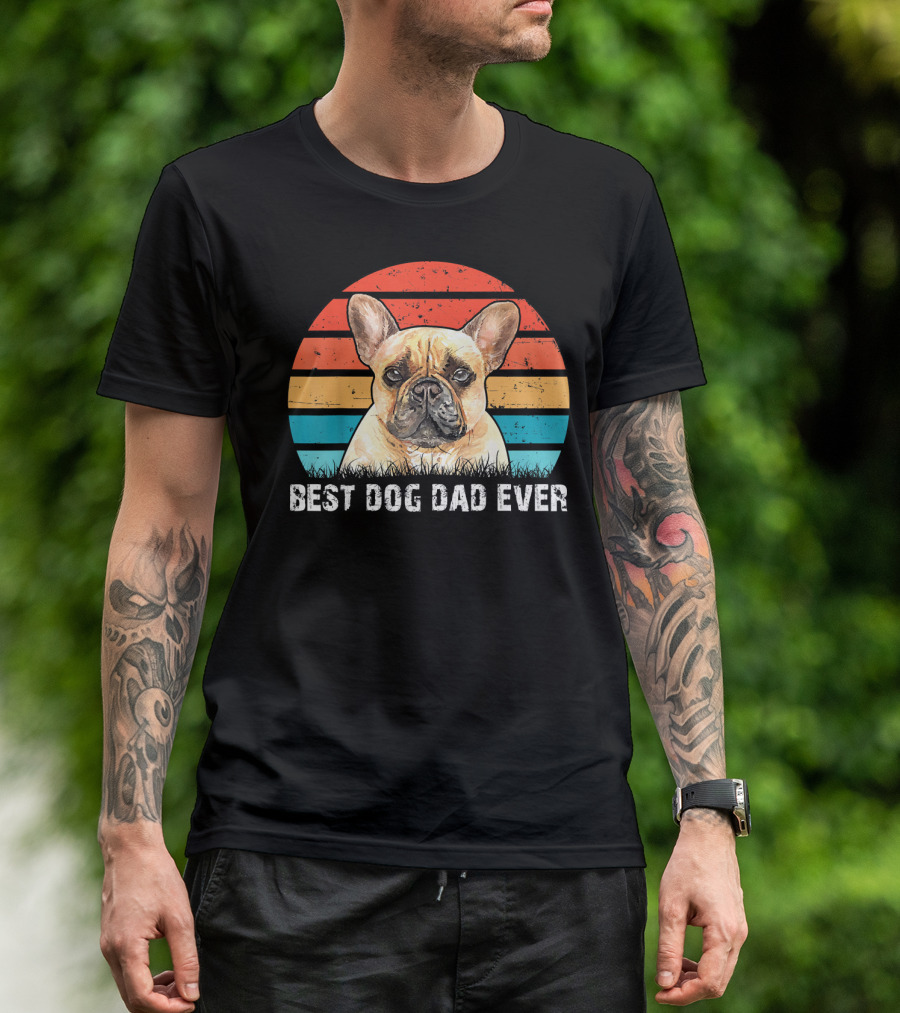Best Dog Dad Ever French Bull Mens Retro Sunset T-Shirt